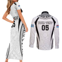 Custom Fiji Rugby Couples Matching Short Sleeve Bodycon Dress and Long Sleeve Button Shirt Fijian Warrior White