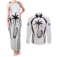 Custom Fiji Rugby Couples Matching Tank Maxi Dress and Long Sleeve Button Shirt Fijian Warrior White