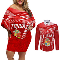 Custom Tonga Rugby Couples Matching Off Shoulder Short Dress and Long Sleeve Button Shirt Kupesi Ngatu Pattern LT05 Red - Polynesian Pride