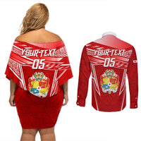 Custom Tonga Rugby Couples Matching Off Shoulder Short Dress and Long Sleeve Button Shirt Kupesi Ngatu Pattern LT05 - Polynesian Pride
