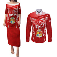Custom Tonga Rugby Couples Matching Puletasi and Long Sleeve Button Shirt Kupesi Ngatu Pattern LT05 Red - Polynesian Pride