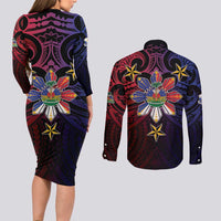 Haiti Philippines Couples Matching Long Sleeve Bodycon Dress and Long Sleeve Button Shirt Haitian Coat Of Arms With Filipino Sun