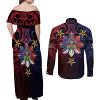 Haiti Philippines Couples Matching Off Shoulder Maxi Dress and Long Sleeve Button Shirt Haitian Coat Of Arms With Filipino Sun