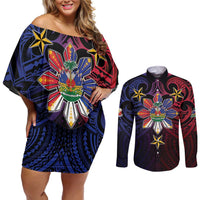 Haiti Philippines Couples Matching Off Shoulder Short Dress and Long Sleeve Button Shirt Haitian Coat Of Arms With Filipino Sun