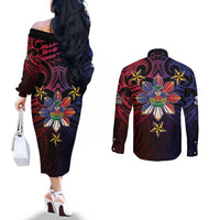 Haiti Philippines Couples Matching Off The Shoulder Long Sleeve Dress and Long Sleeve Button Shirt Haitian Coat Of Arms With Filipino Sun