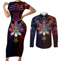 Haiti Philippines Couples Matching Short Sleeve Bodycon Dress and Long Sleeve Button Shirt Haitian Coat Of Arms With Filipino Sun