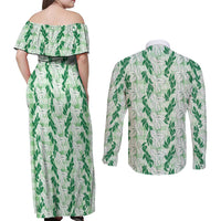 Hawaii Ti Leaf Maile Tuberose Lei Couples Matching Off Shoulder Maxi Dress and Long Sleeve Button Shirt With Hanalei Leaf Green LT05 - Polynesian Pride