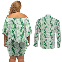 Hawaii Ti Leaf Maile Tuberose Lei Couples Matching Off Shoulder Short Dress and Long Sleeve Button Shirt With Hanalei Leaf Green LT05 - Polynesian Pride