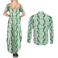 Hawaii Ti Leaf Maile Tuberose Lei Couples Matching Summer Maxi Dress and Long Sleeve Button Shirt With Hanalei Leaf Green LT05 - Polynesian Pride