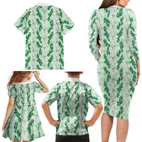 Hawaii Ti Leaf Maile Tuberose Lei Family Matching Long Sleeve Bodycon Dress and Hawaiian Shirt With Hanalei Leaf Green