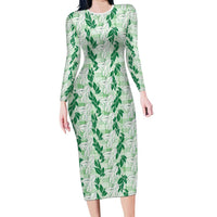 Hawaii Ti Leaf Maile Tuberose Lei Family Matching Long Sleeve Bodycon Dress and Hawaiian Shirt With Hanalei Leaf Green