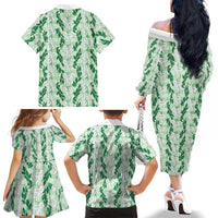 Hawaii Ti Leaf Maile Tuberose Lei Family Matching Off The Shoulder Long Sleeve Dress and Hawaiian Shirt With Hanalei Leaf Green