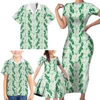 Hawaii Ti Leaf Maile Tuberose Lei Family Matching Short Sleeve Bodycon Dress and Hawaiian Shirt With Hanalei Leaf Green