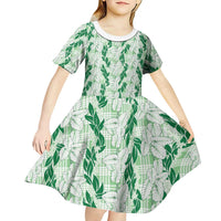 Hawaii Ti Leaf Maile Tuberose Lei Kid Short Sleeve Dress With Hanalei Leaf Green LT05 - Polynesian Pride
