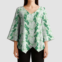 Hawaii Ti Leaf Maile Tuberose Lei Kimono Sleeve Blouse With Hanalei Leaf Green LT05 - Polynesian Pride