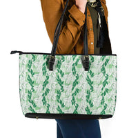 Hawaii Ti Leaf Maile Tuberose Lei Leather Tote Bag With Hanalei Leaf Green LT05 - Polynesian Pride