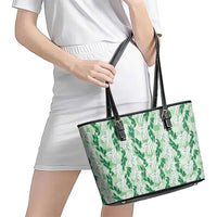 Hawaii Ti Leaf Maile Tuberose Lei Leather Tote Bag With Hanalei Leaf Green LT05 - Polynesian Pride