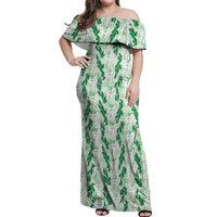 Hawaii Ti Leaf Maile Tuberose Lei Off Shoulder Maxi Dress With Hanalei Leaf Green LT05 Women Green - Polynesian Pride