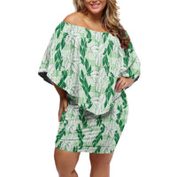 Hawaii Ti Leaf Maile Tuberose Lei Off Shoulder Short Dress With Hanalei Leaf Green LT05 Women Green - Polynesian Pride