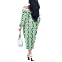 Hawaii Ti Leaf Maile Tuberose Lei Off The Shoulder Long Sleeve Dress With Hanalei Leaf Green LT05 - Polynesian Pride