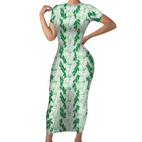 Hawaii Ti Leaf Maile Tuberose Lei Short Sleeve Bodycon Dress With Hanalei Leaf Green LT05 Long Dress Green - Polynesian Pride