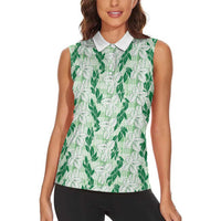 Hawaii Ti Leaf Maile Tuberose Lei Women Sleeveless Polo Shirt With Hanalei Leaf Green LT05 - Polynesian Pride