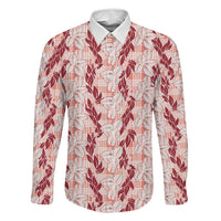 Hawaii Ti Leaf Maile Tuberose Lei Family Matching Off The Shoulder Long Sleeve Dress and Hawaiian Shirt With Hanalei Leaf Red