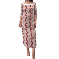 Hawaii Ti Leaf Maile Tuberose Lei Family Matching Puletasi and Hawaiian Shirt With Hanalei Leaf Red LT05 Mom's Dress Red - Polynesian Pride