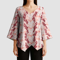 Hawaii Ti Leaf Maile Tuberose Lei Kimono Sleeve Blouse With Hanalei Leaf Red LT05 - Polynesian Pride