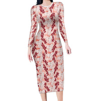 Hawaii Ti Leaf Maile Tuberose Lei Long Sleeve Bodycon Dress With Hanalei Leaf Red LT05 Long Dress Red - Polynesian Pride