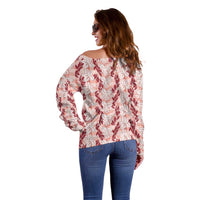 Hawaii Ti Leaf Maile Tuberose Lei Off Shoulder Sweater With Hanalei Leaf Red LT05 - Polynesian Pride
