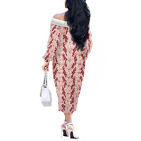 Hawaii Ti Leaf Maile Tuberose Lei Off The Shoulder Long Sleeve Dress With Hanalei Leaf Red LT05 - Polynesian Pride