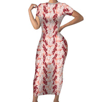 Hawaii Ti Leaf Maile Tuberose Lei Short Sleeve Bodycon Dress With Hanalei Leaf Red LT05 Long Dress Red - Polynesian Pride