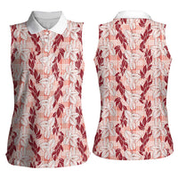Hawaii Ti Leaf Maile Tuberose Lei Women Sleeveless Polo Shirt With Hanalei Leaf Red LT05 - Polynesian Pride