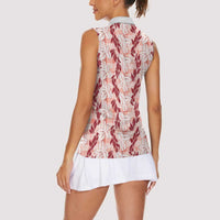 Hawaii Ti Leaf Maile Tuberose Lei Women Sleeveless Polo Shirt With Hanalei Leaf Red LT05 - Polynesian Pride