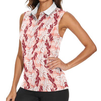 Hawaii Ti Leaf Maile Tuberose Lei Women Sleeveless Polo Shirt With Hanalei Leaf Red LT05 - Polynesian Pride