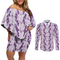 Hawaii Ti Leaf Maile Tuberose Lei Couples Matching Off Shoulder Short Dress and Long Sleeve Button Shirt With Hanalei Leaf Purple LT05 Purple - Polynesian Pride