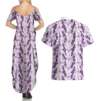 Hawaii Ti Leaf Maile Tuberose Lei Couples Matching Summer Maxi Dress and Hawaiian Shirt With Hanalei Leaf Purple LT05 - Polynesian Pride