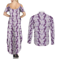 Hawaii Ti Leaf Maile Tuberose Lei Couples Matching Summer Maxi Dress and Long Sleeve Button Shirt With Hanalei Leaf Purple LT05 - Polynesian Pride