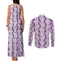 Hawaii Ti Leaf Maile Tuberose Lei Couples Matching Tank Maxi Dress and Long Sleeve Button Shirt With Hanalei Leaf Purple LT05 - Polynesian Pride