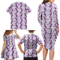 Hawaii Ti Leaf Maile Tuberose Lei Family Matching Long Sleeve Bodycon Dress and Hawaiian Shirt With Hanalei Leaf Purple