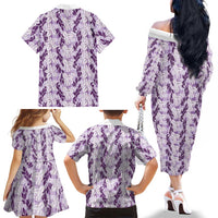 Hawaii Ti Leaf Maile Tuberose Lei Family Matching Off The Shoulder Long Sleeve Dress and Hawaiian Shirt With Hanalei Leaf Purple