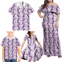 Hawaii Ti Leaf Maile Tuberose Lei Family Matching Off Shoulder Maxi Dress and Hawaiian Shirt With Hanalei Leaf Purple