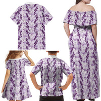 Hawaii Ti Leaf Maile Tuberose Lei Family Matching Off Shoulder Maxi Dress and Hawaiian Shirt With Hanalei Leaf Purple