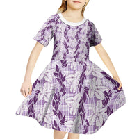 Hawaii Ti Leaf Maile Tuberose Lei Kid Short Sleeve Dress With Hanalei Leaf Purple LT05 - Polynesian Pride