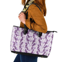 Hawaii Ti Leaf Maile Tuberose Lei Leather Tote Bag With Hanalei Leaf Purple LT05 Purple - Polynesian Pride