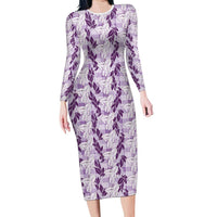 Hawaii Ti Leaf Maile Tuberose Lei Long Sleeve Bodycon Dress With Hanalei Leaf Purple LT05 Long Dress Purple - Polynesian Pride