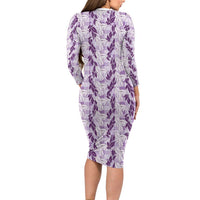 Hawaii Ti Leaf Maile Tuberose Lei Long Sleeve Bodycon Dress With Hanalei Leaf Purple LT05 - Polynesian Pride