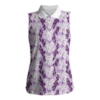 Hawaii Ti Leaf Maile Tuberose Lei Women Sleeveless Polo Shirt With Hanalei Leaf Purple LT05 Female Purple - Polynesian Pride