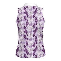 Hawaii Ti Leaf Maile Tuberose Lei Women Sleeveless Polo Shirt With Hanalei Leaf Purple LT05 - Polynesian Pride